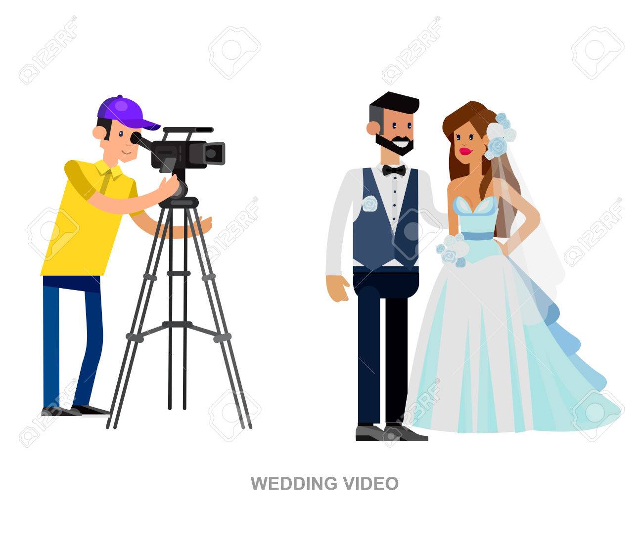 カメラとかわいい結婚式のカップルの詳細なキャラクターの写真をクールします 結婚式の詳細なキャラクターの美しいベクター新郎新婦の笑顔 のイラスト素材 ベクタ Image