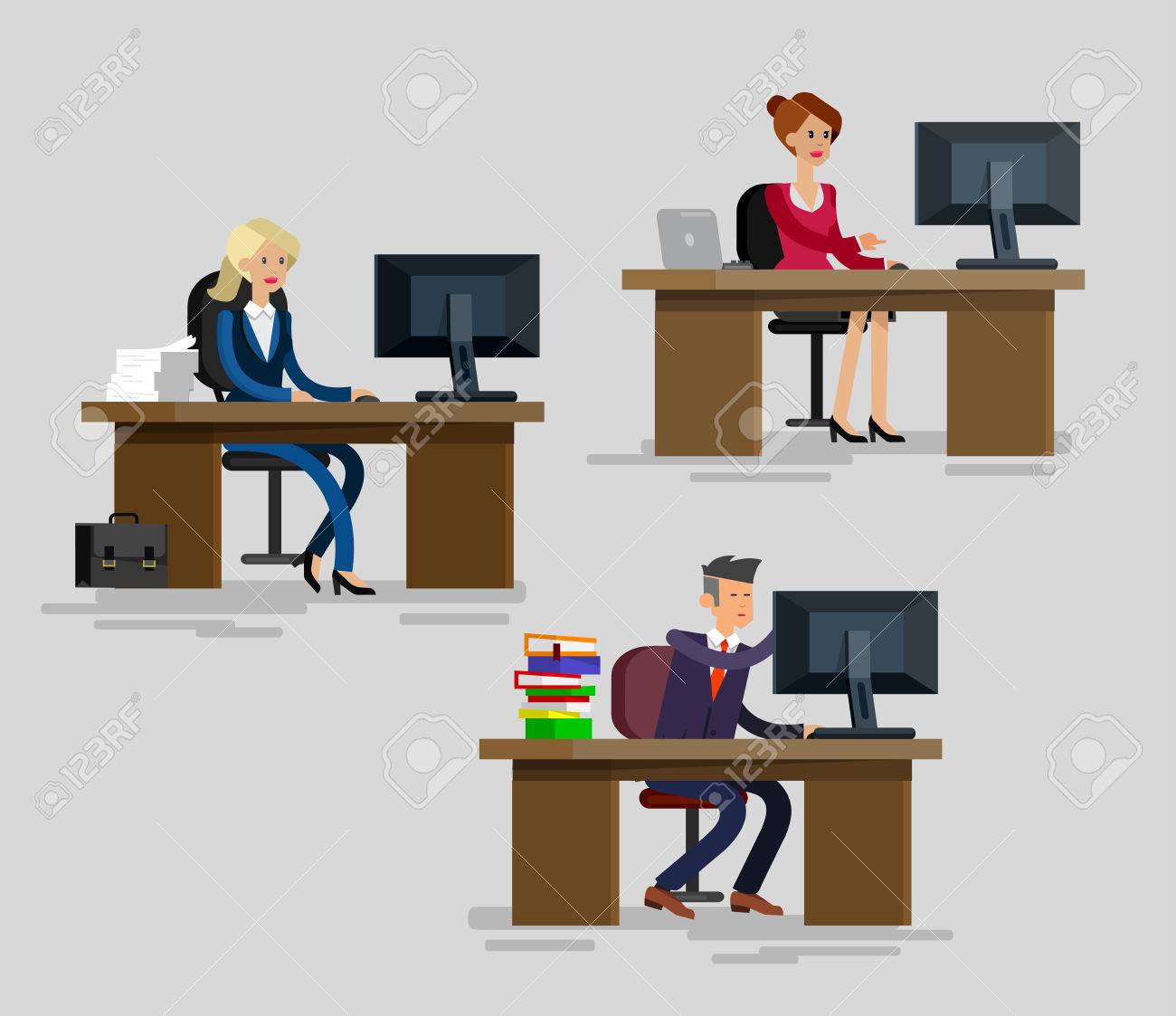 ベクトルの詳細なキャラクター企業会社員 ビジネス チームの方々 の机の後ろに座っています オフィス ワーカー 男性と女性のオフィス ワーカー オフィス ワーカーのクールなフラット イラストのイラスト素材 ベクタ Image