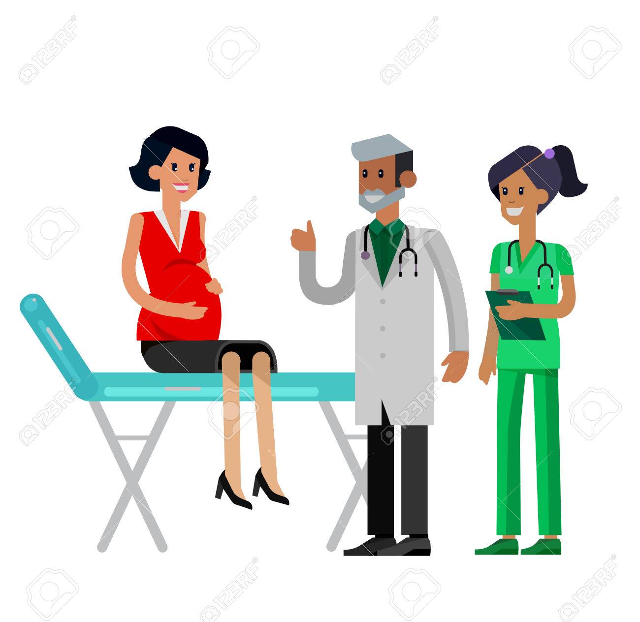 詳細なキャラクター妊娠中の女性医師を病院の訪問を持っています 婦人科医男性と笑顔の看護師は すべてが Ok であることを示します クールなフラット イラスト白背景に分離されました のイラスト素材 ベクタ Image