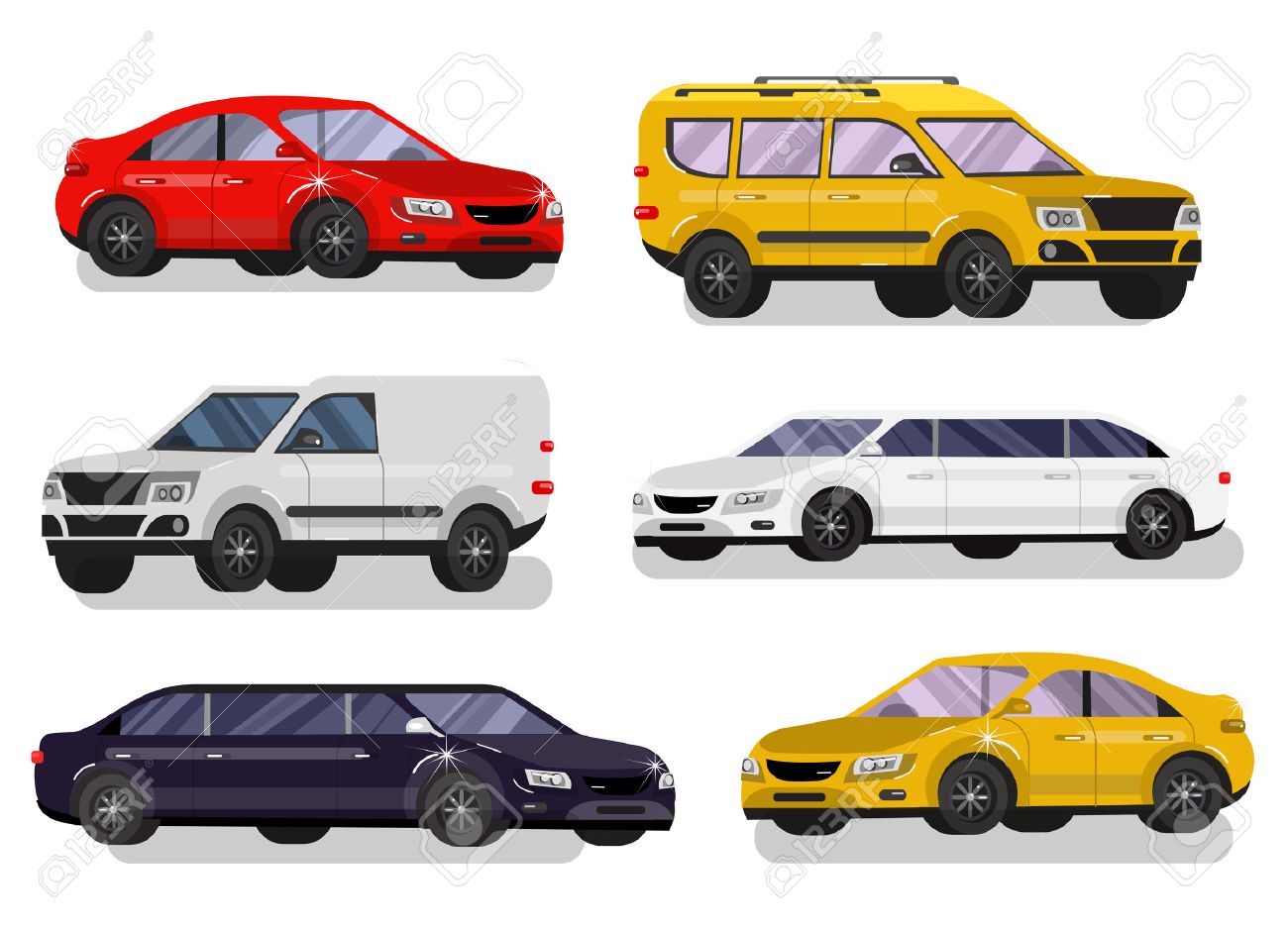 スタイリッシュなフラット車 輸送車の記号のコレクション リムジン黒と白 家族の車 セダン車やトラック ベクトル車のイラスト素材 ベクタ Image