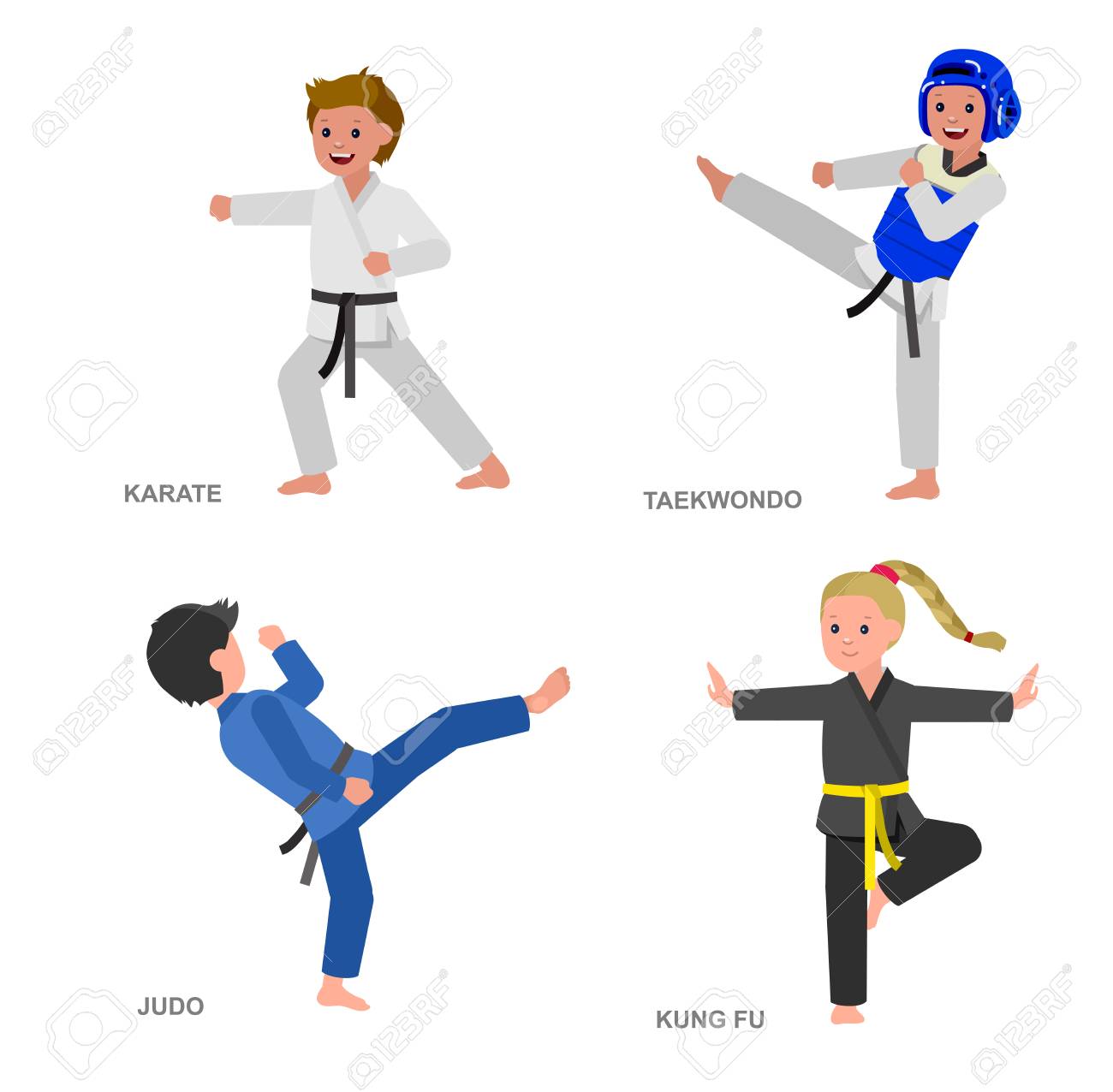 Niño Lindo Del Vector Del Carácter Ilustración Para El Taekwondo Arte Marcial Karate Judo Kung Fu Niño Que Lleva El Kimono Y La Formación Niño Toma Actitud De La Lucha Ilustraciones Vectoriales
