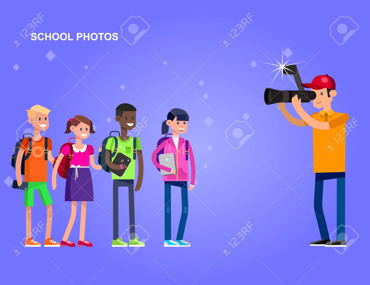 詳細なキャラクター写真カメラ写真学校の子供たち 男の子と女の子のクールなのイラスト素材 ベクタ Image