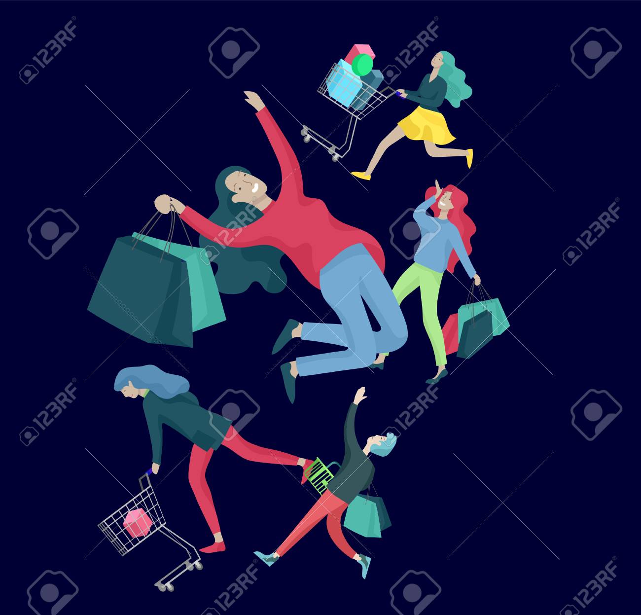 Collection of people carrying shopping bags with purchases. Madness on sale, line of crazy Men and women taking part in seasonal sale at store, shop, mall. Cartoon characters concept for black friday. - 126752686 Collection of people carrying shopping bags with purchases. Madness on sale, line of crazy Men and women taking part in seasonal sale at store, shop, mall. Cartoon characters concept for black friday. - 126752686