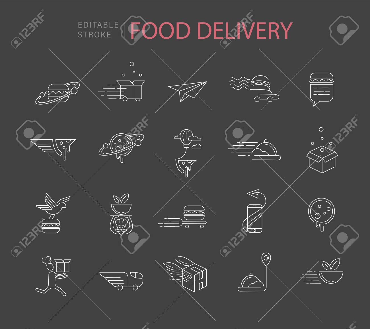 Vector icon and logo for food online deliwery. Editable outline stroke size. Line flat contour, thin and linear design. Simple icons. Concept illustration. Sign, symbol, element. - 114162731 Vector icon and logo for food online deliwery. Editable outline stroke size. Line flat contour, thin and linear design. Simple icons. Concept illustration. Sign, symbol, element. - 114162731