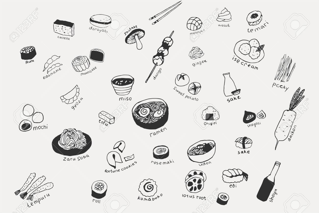 Collection of the different japanese food. Hand drawn line art set of the food icons - 124290807 Collection of the different japanese food. Hand drawn line art set of the food icons - 124290807