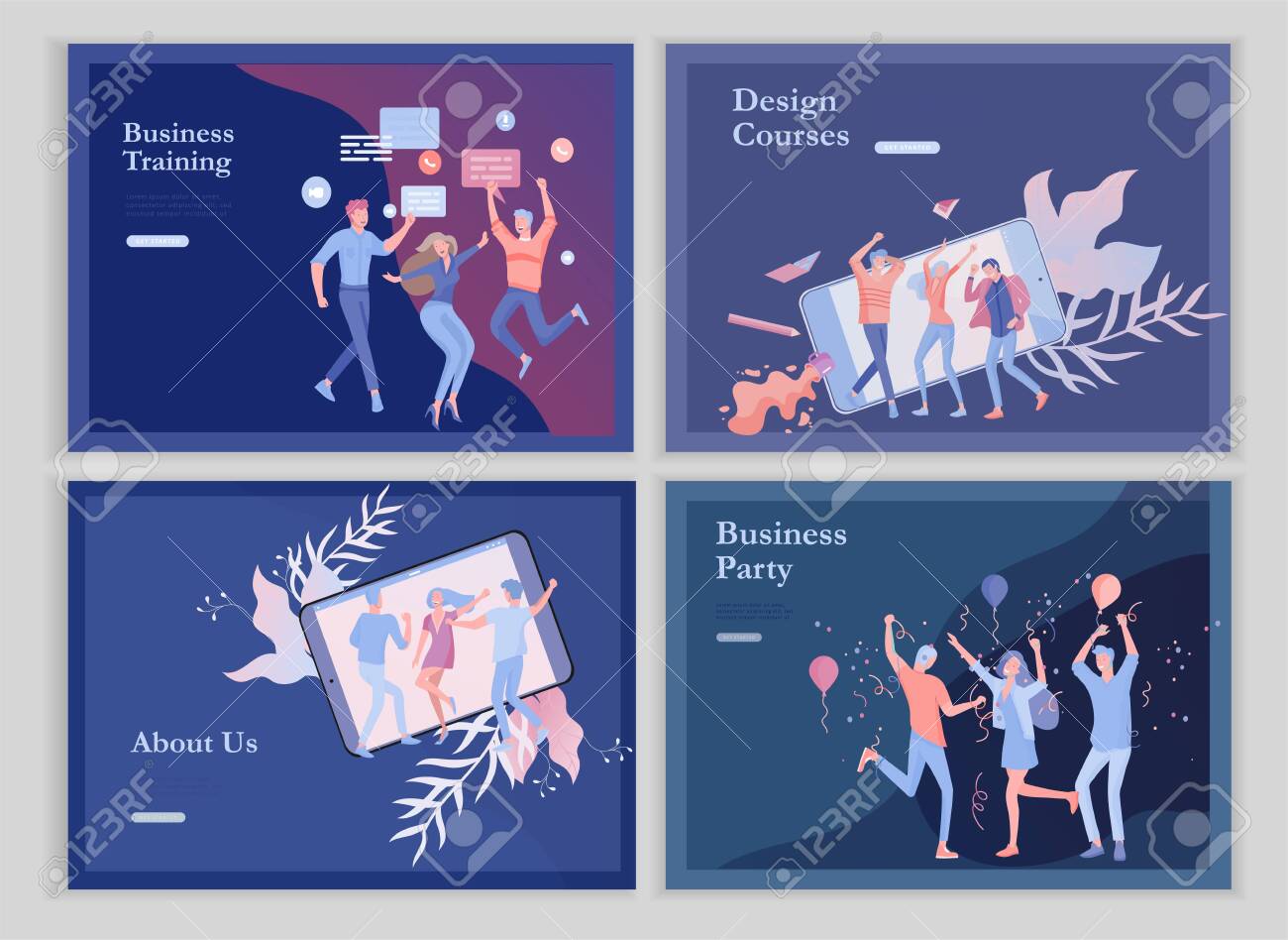 landing page templates set with team People moving. Business invitation and corporate party, design training courses, about us, expert team, happy teamwork. Flat characters design illustration - 124031420 landing page templates set with team People moving. Business invitation and corporate party, design training courses, about us, expert team, happy teamwork. Flat characters design illustration - 124031420