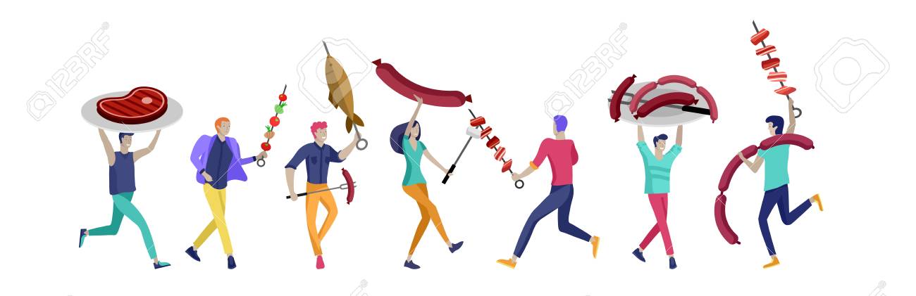 People preparing barbecue. BBQ party. People grilling meat. Conceptual Modern and Trendy colorful vector illustration. Web template. - 123664996 People preparing barbecue. BBQ party. People grilling meat. Conceptual Modern and Trendy colorful vector illustration. Web template. - 123664996