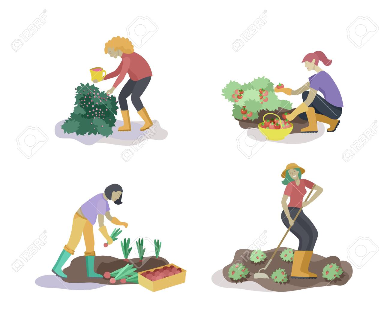 Harvesting And Gardening People Doing Farming And Garden Job, Pick Berries,  Remove Weeds, Watering, Planting, Growing And Transplant Sprouts, Lay Ripe  Vegetables To Box. Reaping Crop Concept Royalty Free SVG, Cliparts, Vectors,, image size:1300x1105