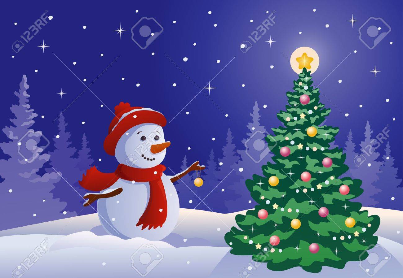 飾るクリスマス ツリー雪だるまのベクトル イラストのイラスト素材