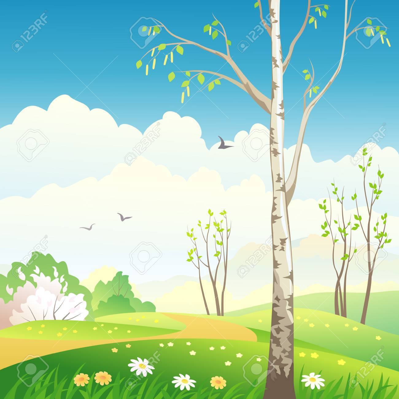 バーチの木の春の風景のベクトル イラスト のイラスト素材 ベクタ Image