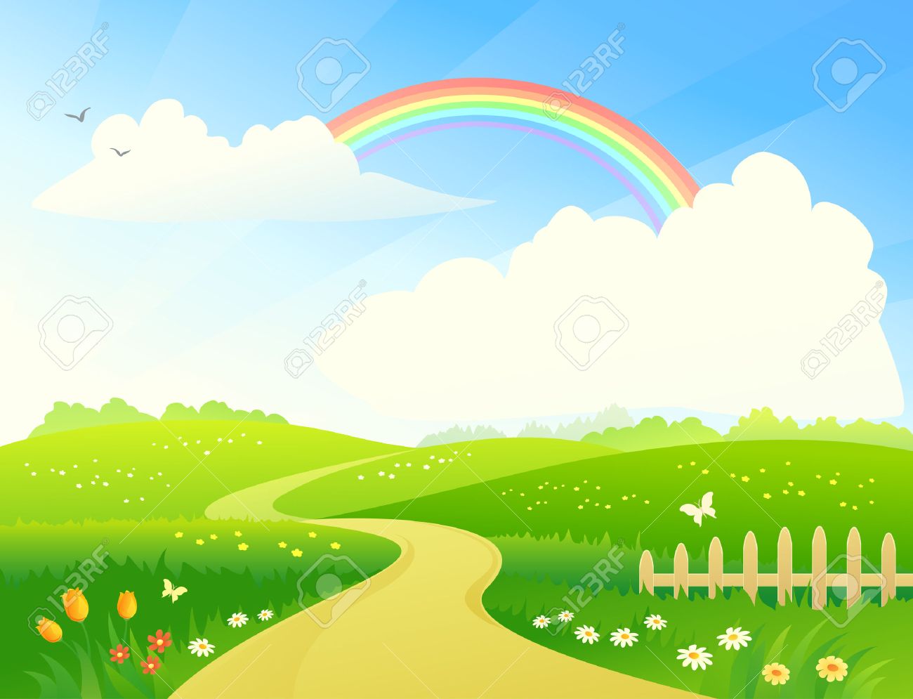 Ilustracion Vectorial De Un Paisaje Montanoso Con Un Arco Iris Ilustraciones Vectoriales Clip Art Vectorizado Libre De Derechos Image