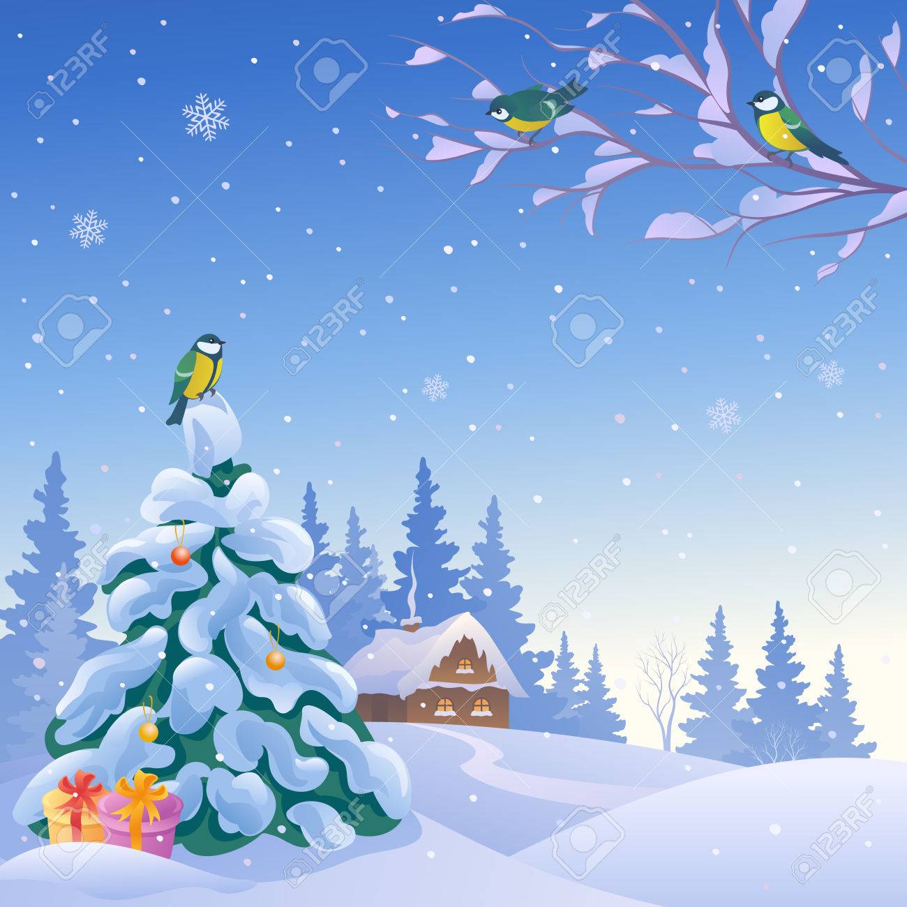 鳥とクリスマス ツリーと雪に覆われた冬の風景のイラストのイラスト素材 ベクタ Image 鳥とクリスマス ツリーと雪に覆われた冬の風景のイラストのイラスト素材 ベクタ Image