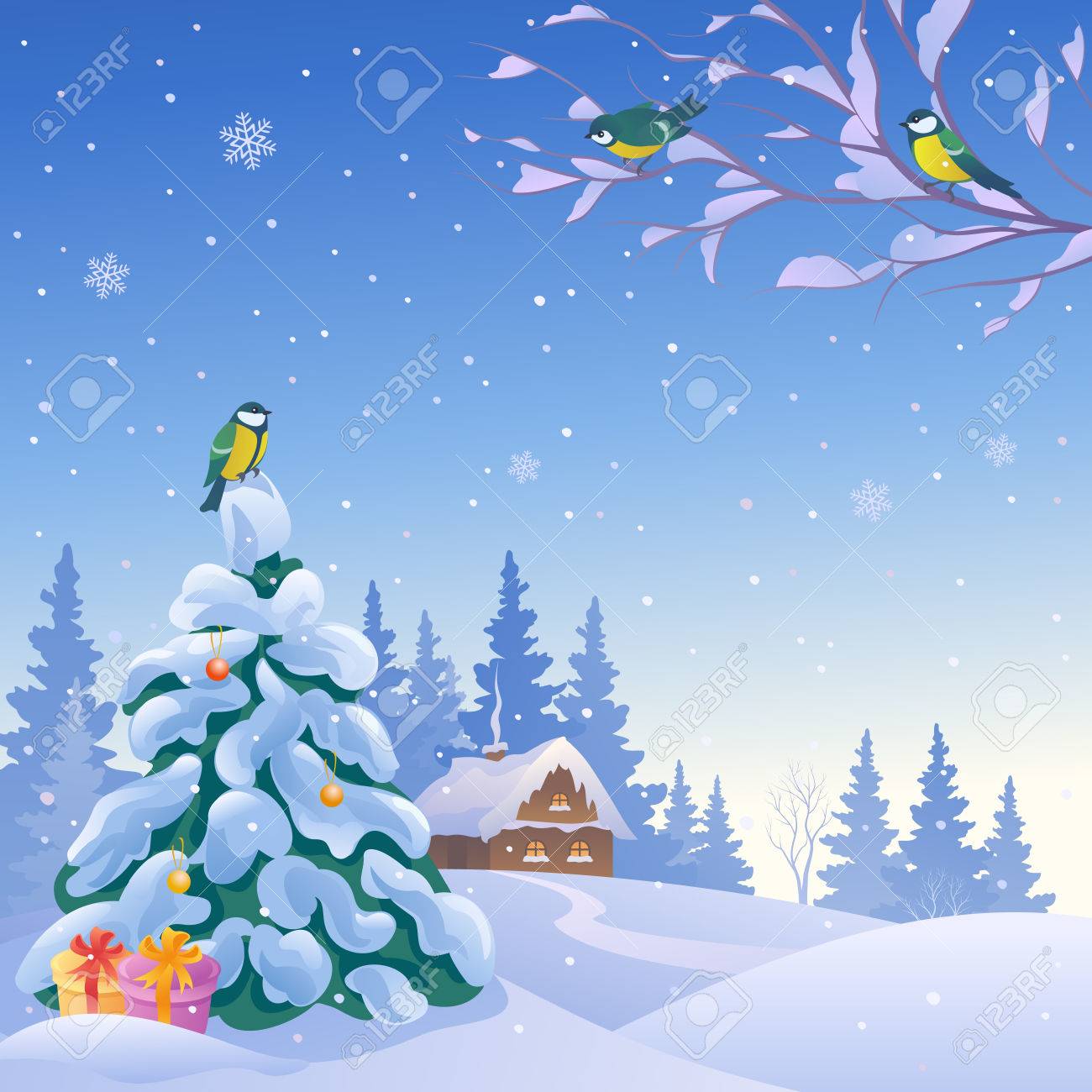 鳥とクリスマス ツリーと雪に覆われた冬の風景のイラスト のイラスト素材 ベクタ Image