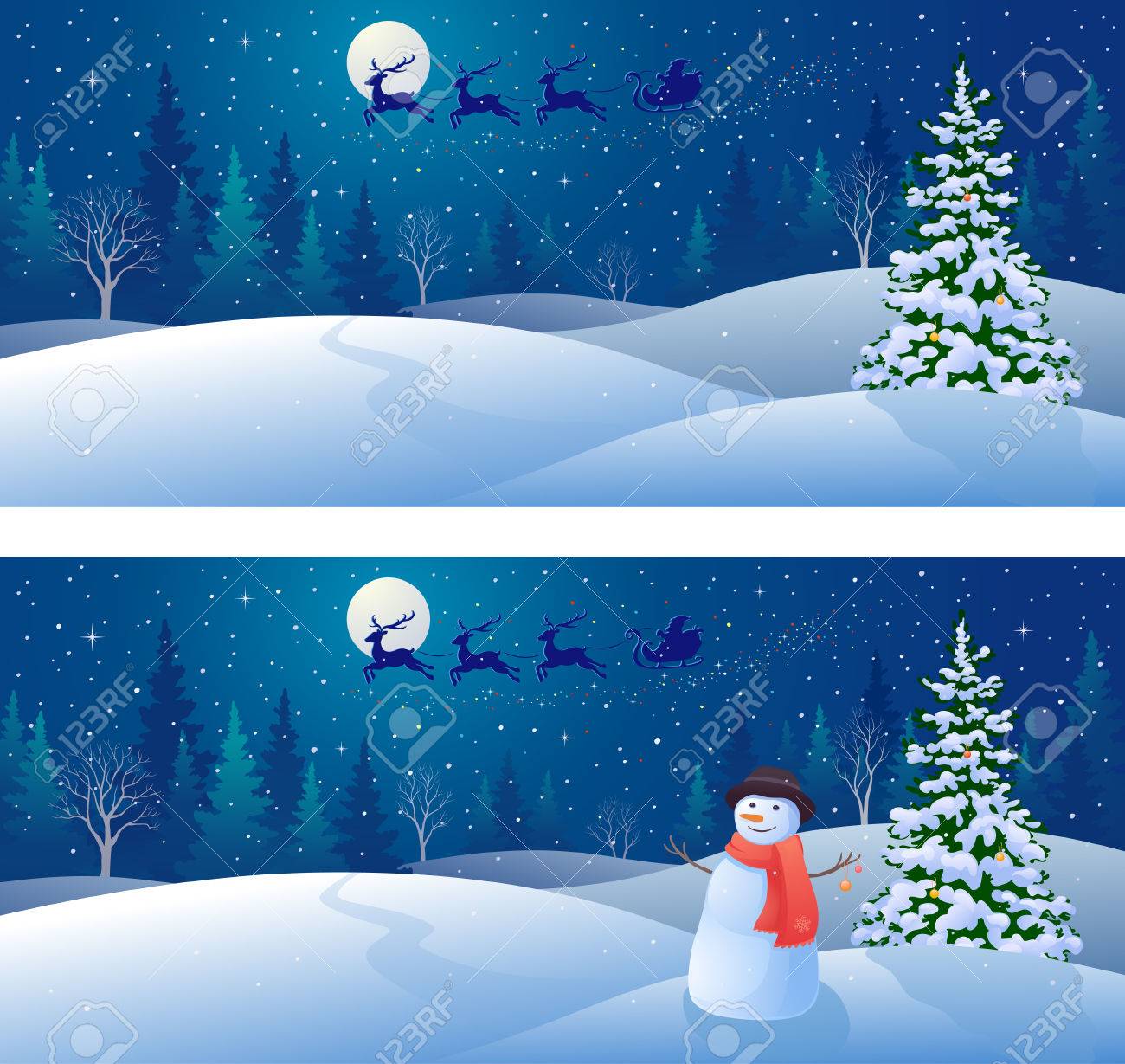 冬の雪景色の森と挨拶雪だるま パノラマ背景の上を飛んでサンタ クロースそりシルエット描画 のイラスト素材 ベクタ Image 冬の雪景色の森と挨拶雪だるま パノラマ背景の上を飛んでサンタ クロースそりシルエット描画 のイラスト素材 ベクタ Image