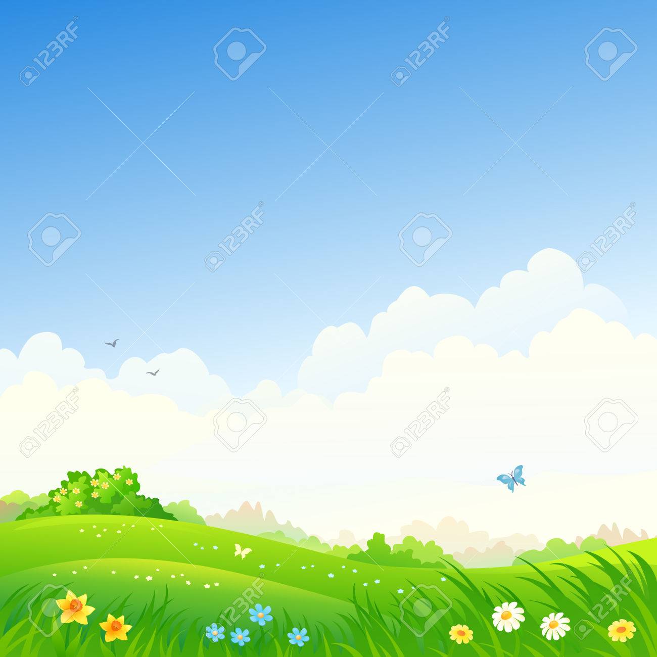 Vector Cartoon Drawing Of A Spring Green Landscape Square Background Royalty Free Cliparts Vectors And Stock Illustration Image