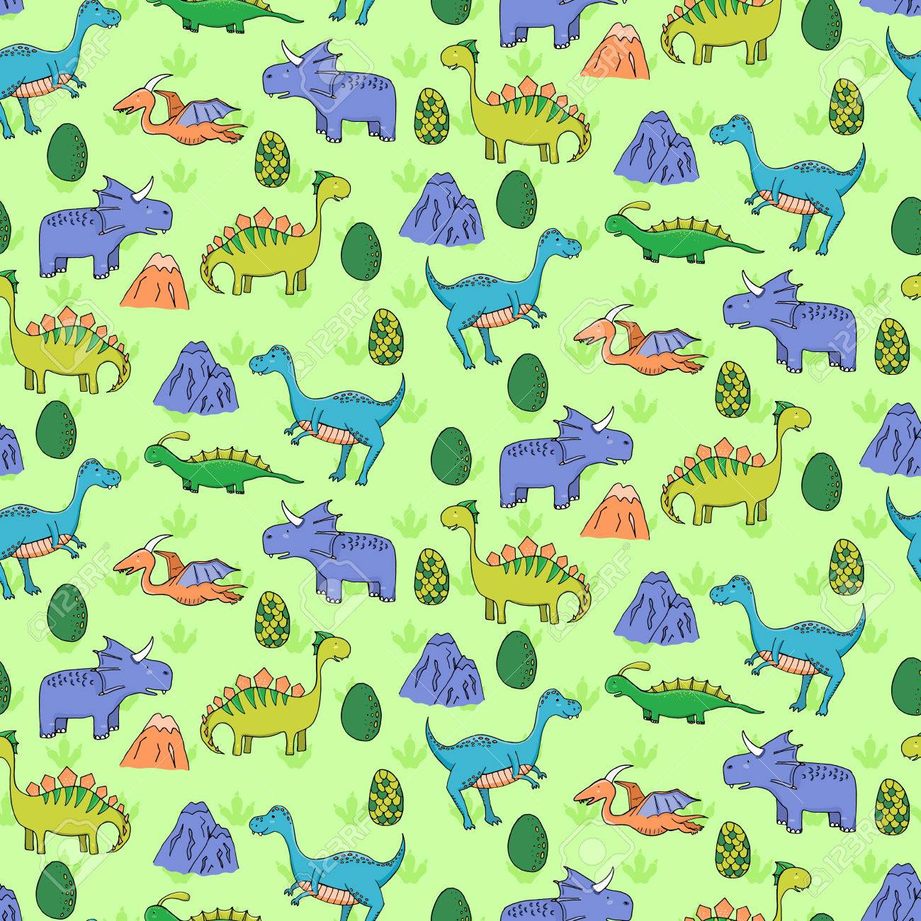 別のかわいい恐竜 Mountauns 漫画のスタイルで卵とのシームレスなパターン グリーティング カード テキスタイル 壁紙などに使用できます ベクトルの図 のイラスト素材 ベクタ Image