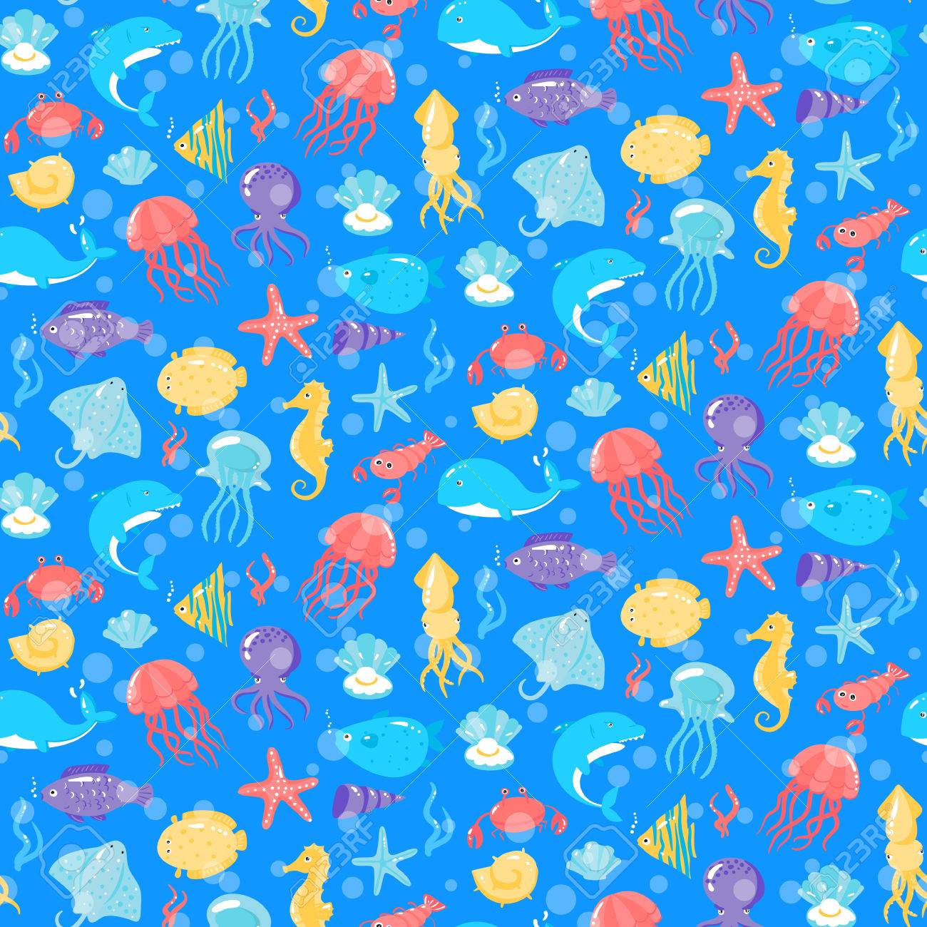 Seamless Pattern With Different Sea Underwater Animals In Cute Cartoon  Style. Vector Illustration Royalty Free SVG, Cliparts, Vectors, and Stock  Illustration. Image 57341449., image size:1300x1300