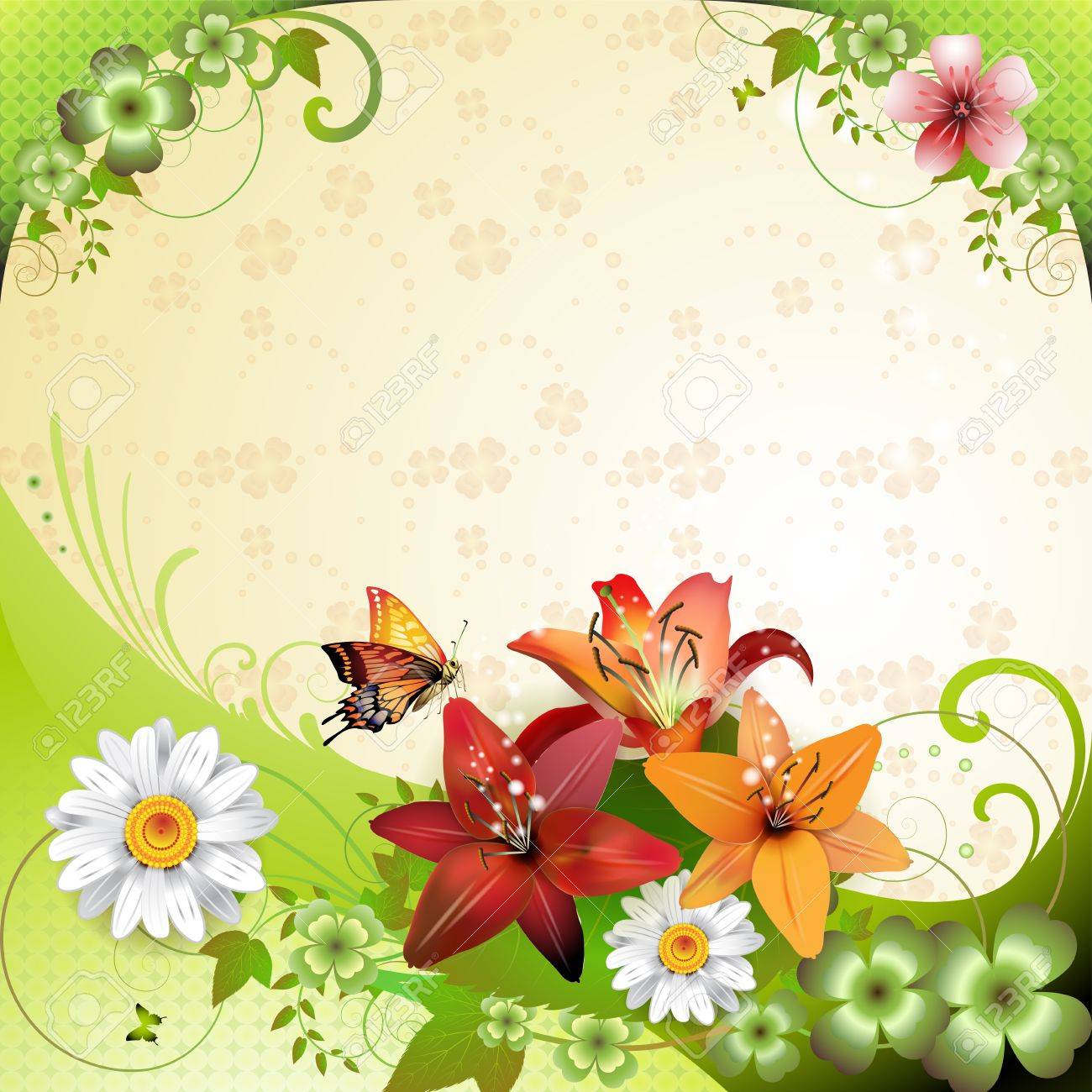 Springtime Background With Flowers And Butterflies Royalty Free SVG,  Cliparts, Vectors, and Stock Illustration. Image 12071234., image size:1300x1300
