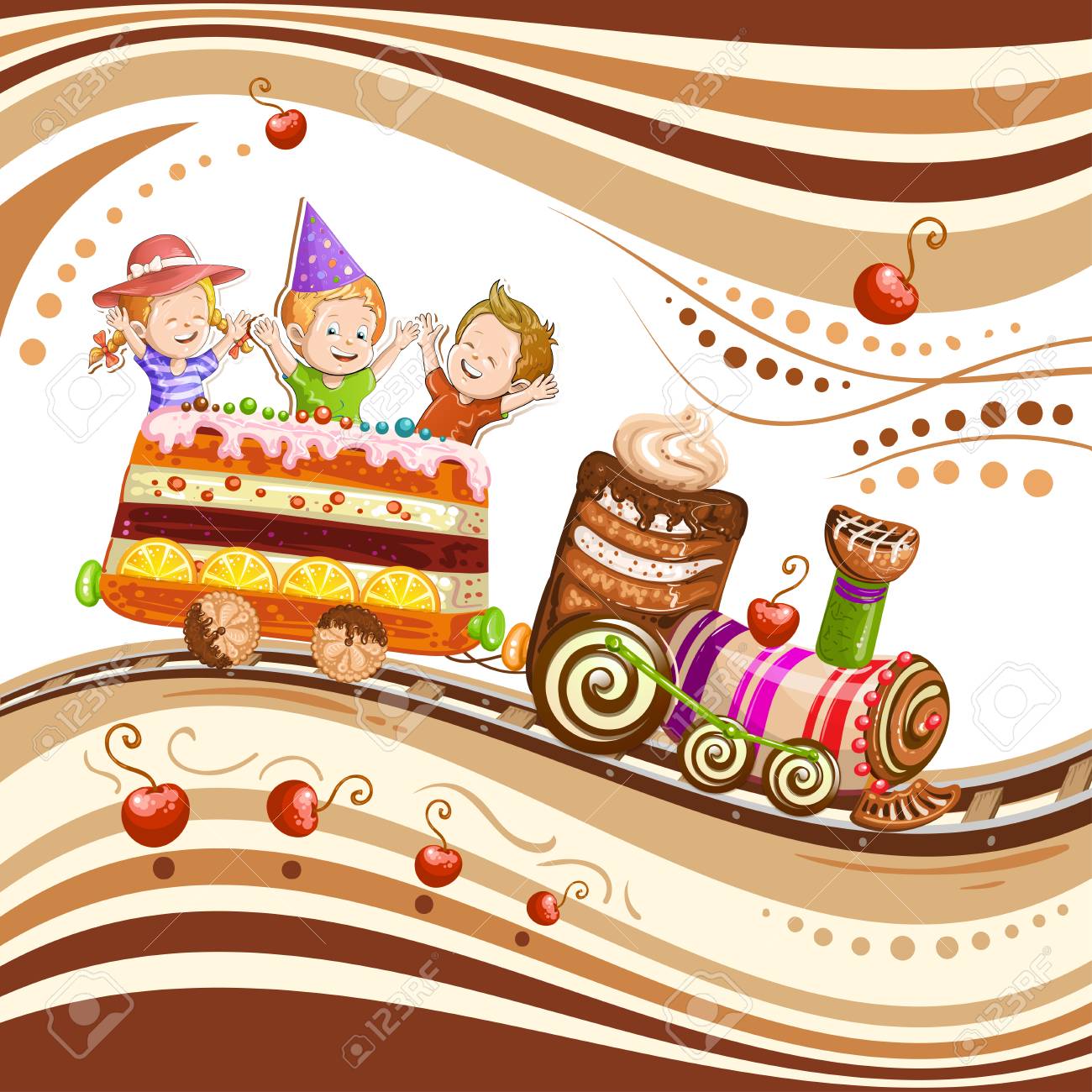 Les Enfants Qui Voyagent Dans Le Gateau De Train Clip Art Libres De Droits Vecteurs Et Illustration Image