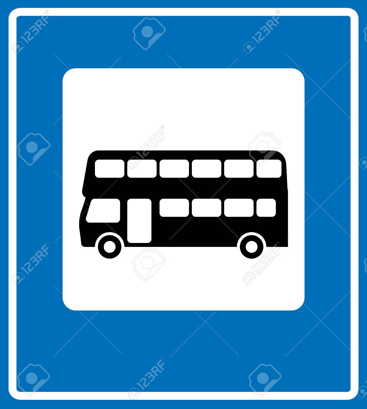 黒シルエット ロンドン 2 階建てバス青の背景に分離した白い正方形のアイコンをベクトルします ベクトル停止バス駅のシンボル道路 交通 公共の場所 駐車場のイラスト素材 ベクタ Image