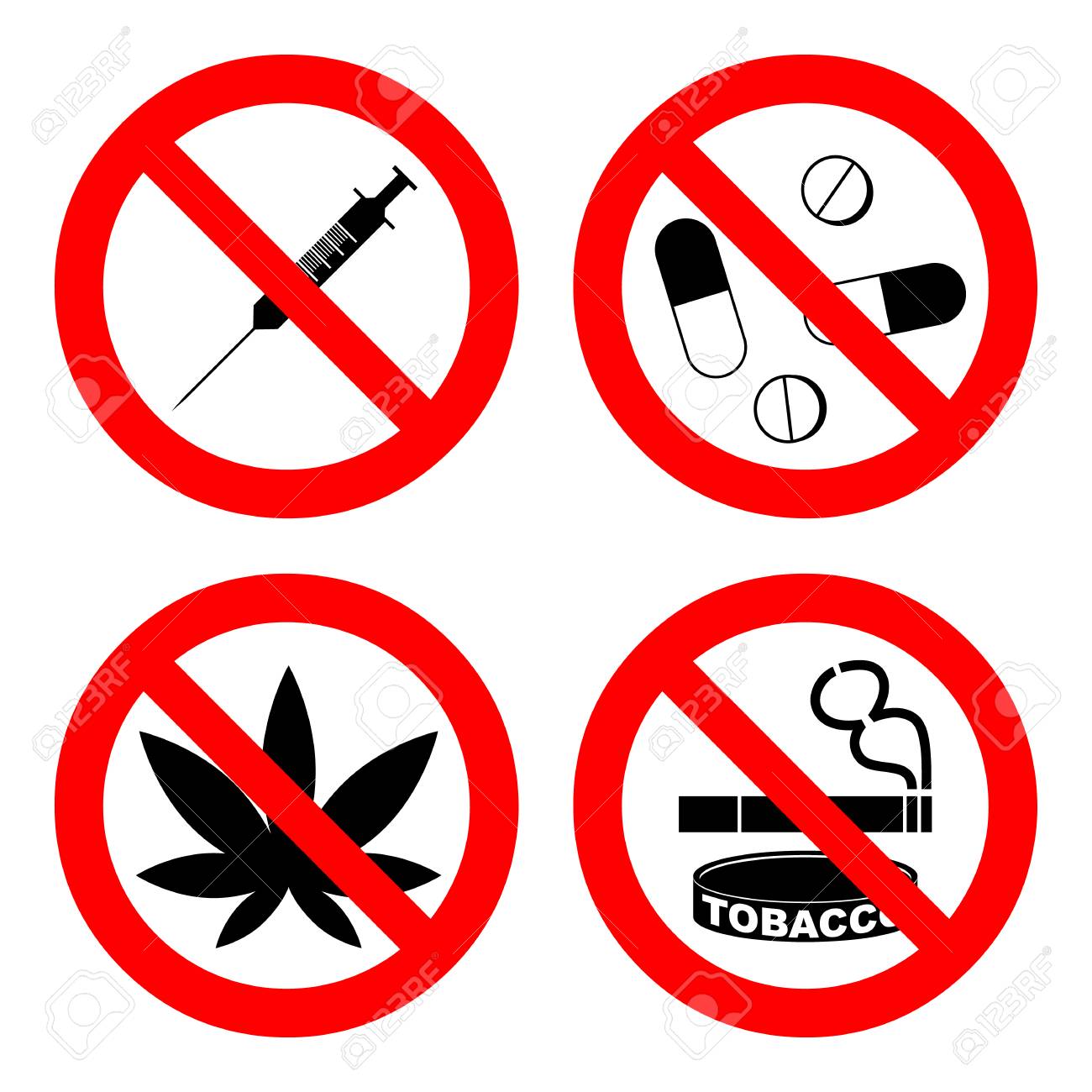 禁止された兆候を設定する 薬物 イラスト は白で切り離されています 4つのアイコンのコレクション カプセル マリファナ 大麻 タバコ コカイン その他の薬物はありません 赤い禁断のシンボル の写真素材 画像素材 Image