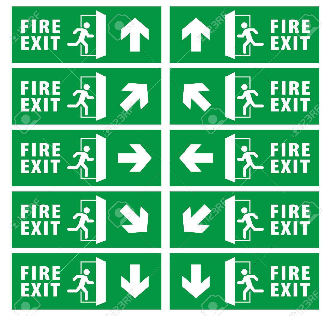 emergency fire exit sign set. running man icon to door. green color. arrow vector. warning sign plate - 128248134 emergency fire exit sign set. running man icon to door. green color. arrow vector. warning sign plate - 128248134