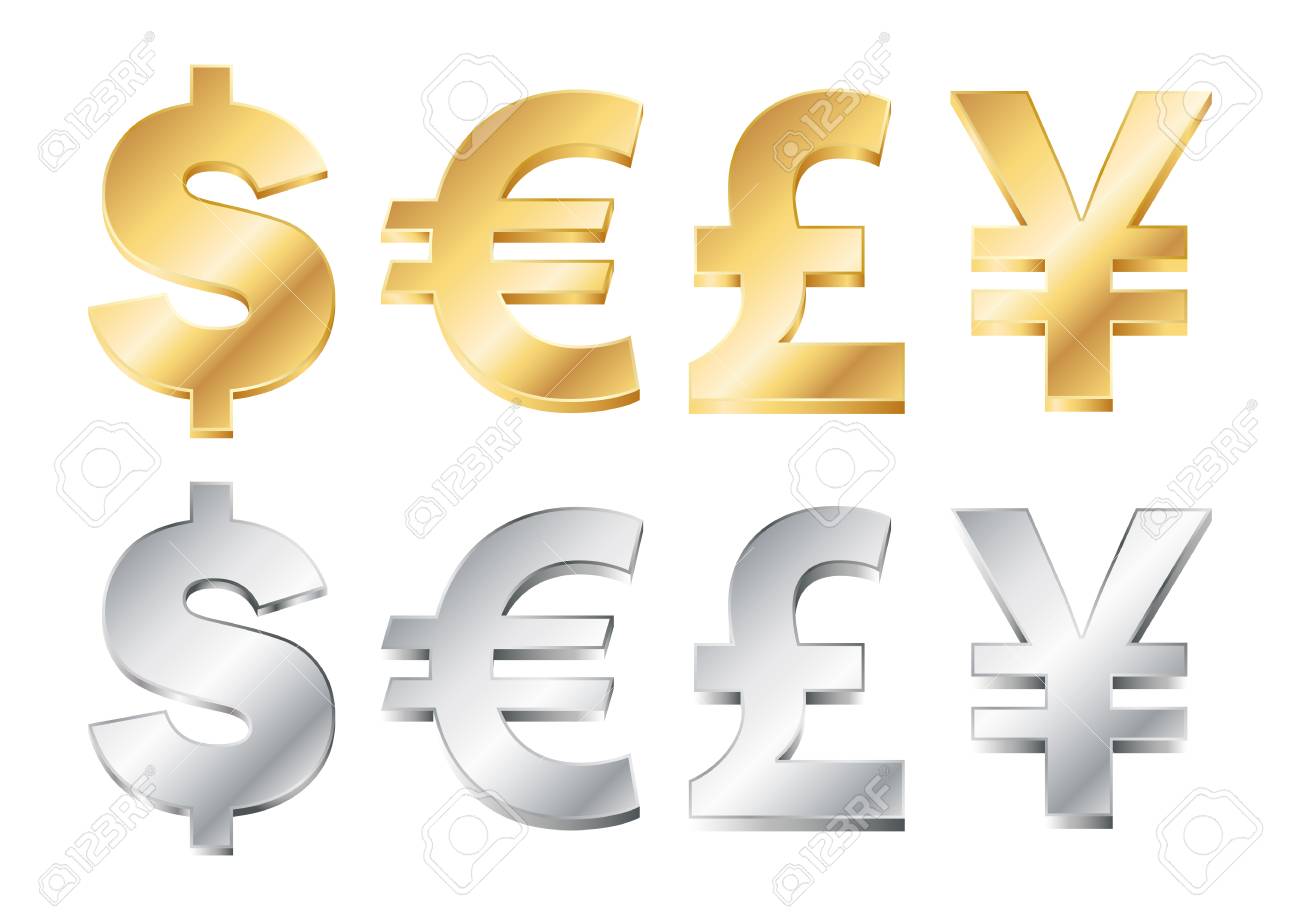 vector illustration of four currency signs in gold and silver