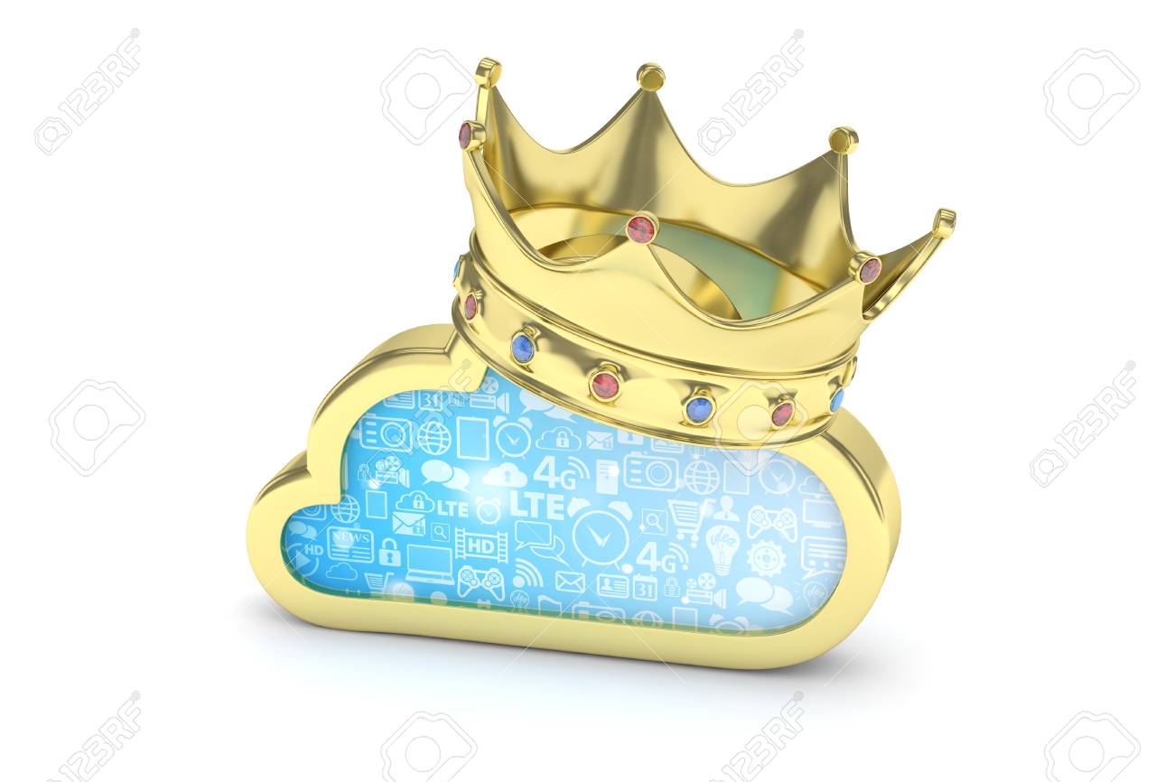 Cone Dourado Isolado Da Nuvem Com Coroa E Gemas No Fundo Branco Simbolo De Comunicacao Rede E Tecnologia Banda Larga Banco De Dados Online Renderizacao 3d Fotos Retratos Imagenes Y Fotografia De