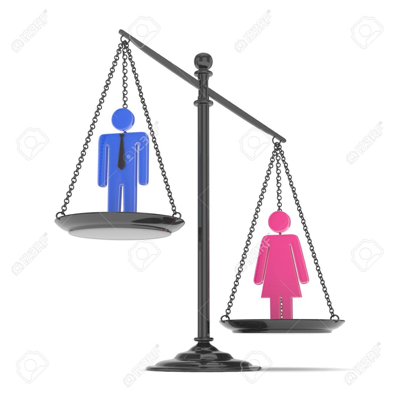 男と女が白い背景の上に古い昔ながらのパン スケールを分離しました 男女不平等 女性は重いです 法律を問題します カラフルなモデル 3 D レンダリング の写真素材 画像素材 Image