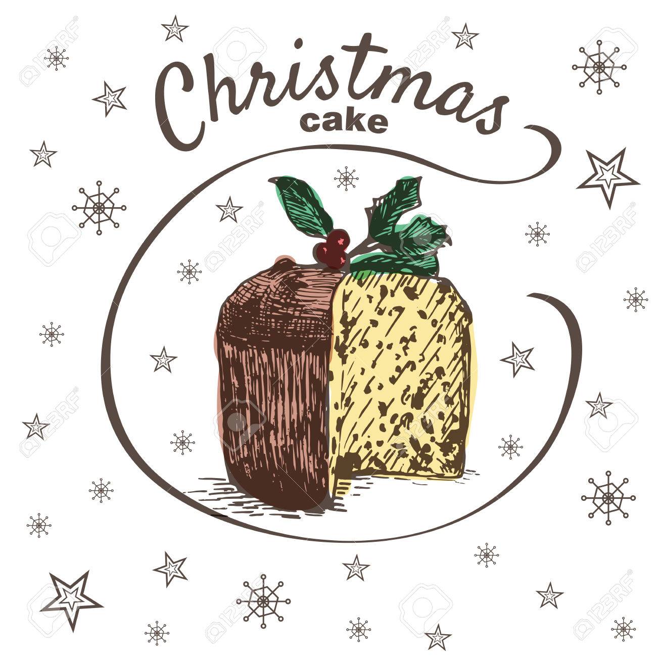 ベクトル カラフルなイラスト クリスマス ケーキ レーズン ヒイラギの葉し ベリーします 雪の結晶の白い背景の上のクリスマス ケーキのイラスト素材 ベクタ Image