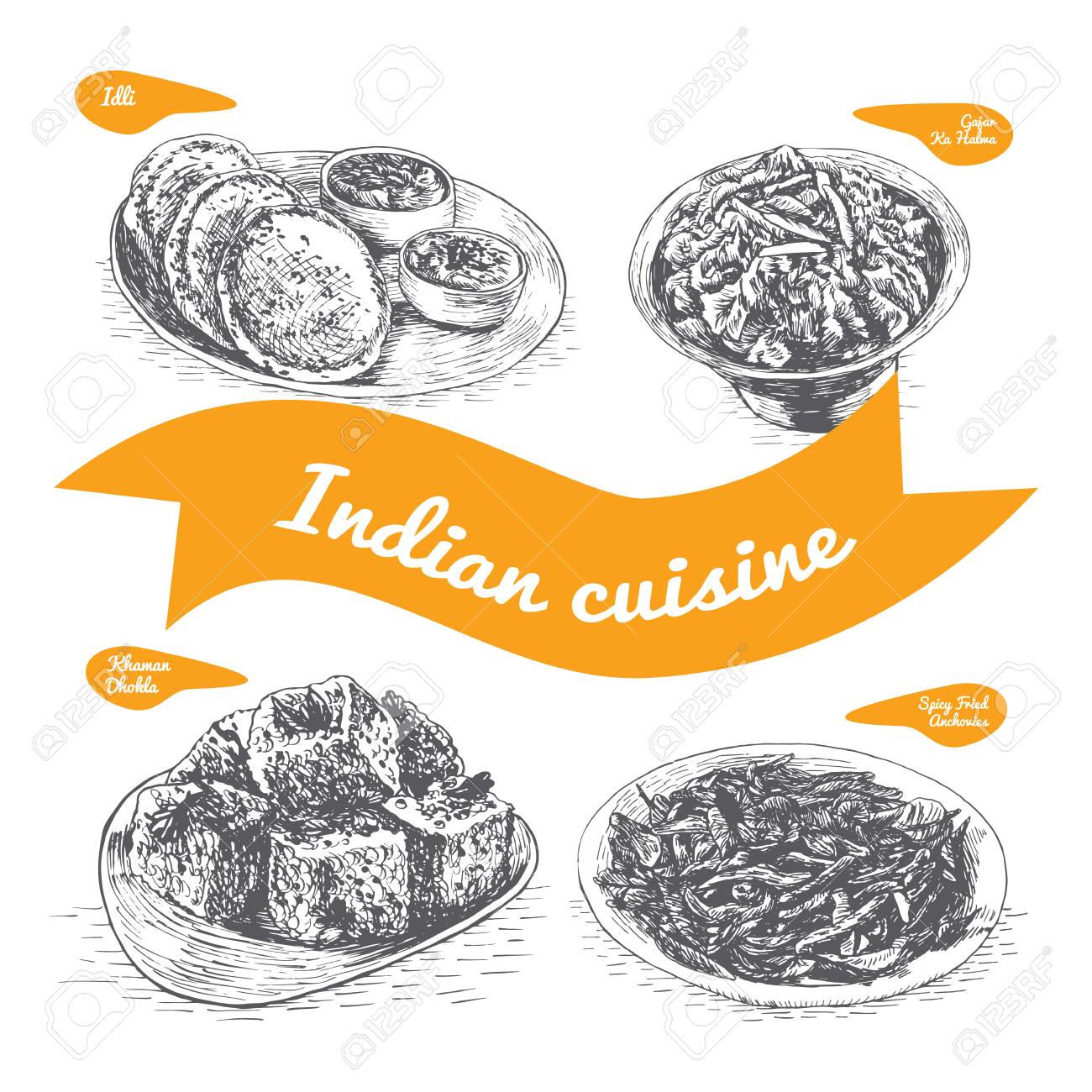 インド料理と伝統料理の白黒ベクトル イラスト のイラスト素材 ベクタ Image