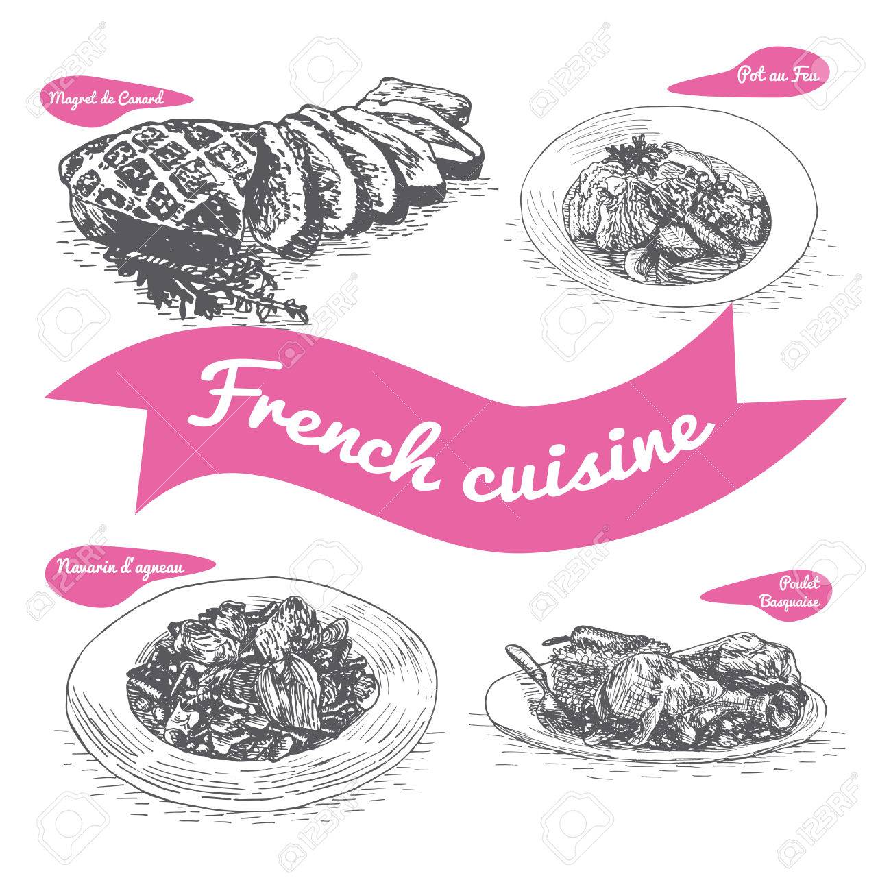 フランス料理と伝統料理の白黒ベクトル イラスト のイラスト素材 ベクタ Image