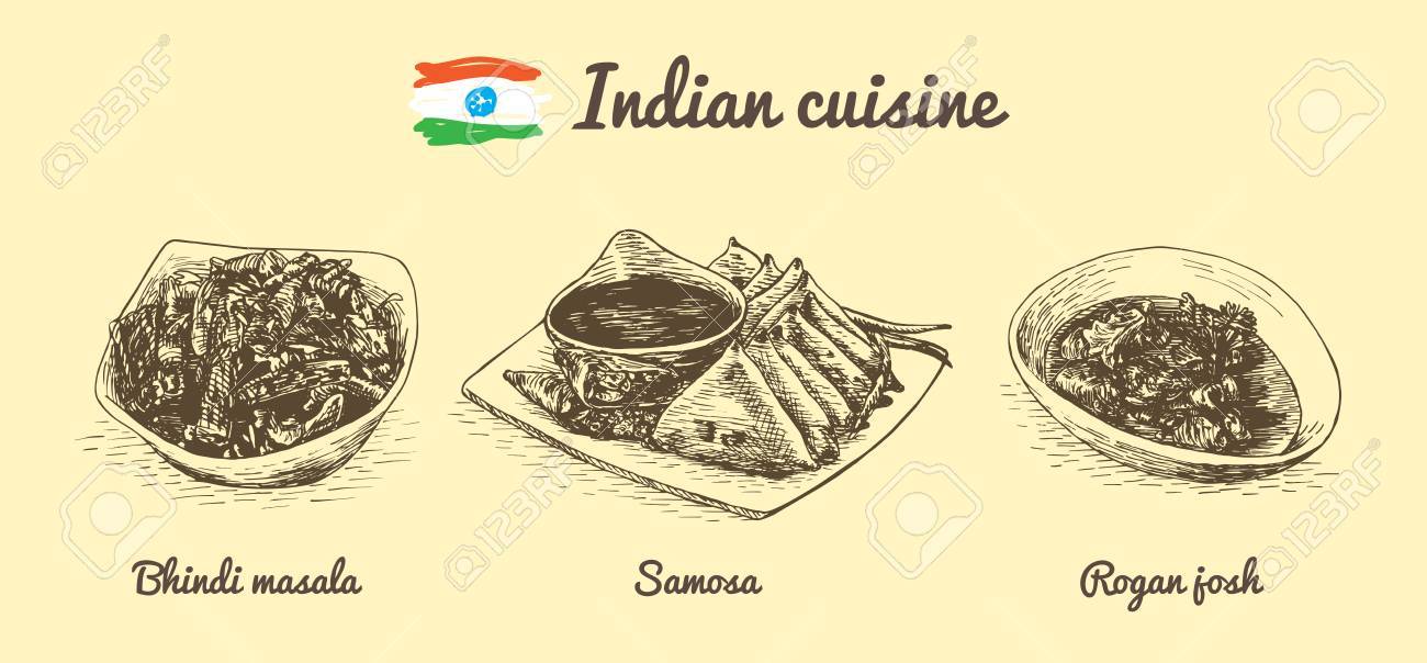 インド メニューの白黒イラストです インド料理のベクター イラストです のイラスト素材 ベクタ Image