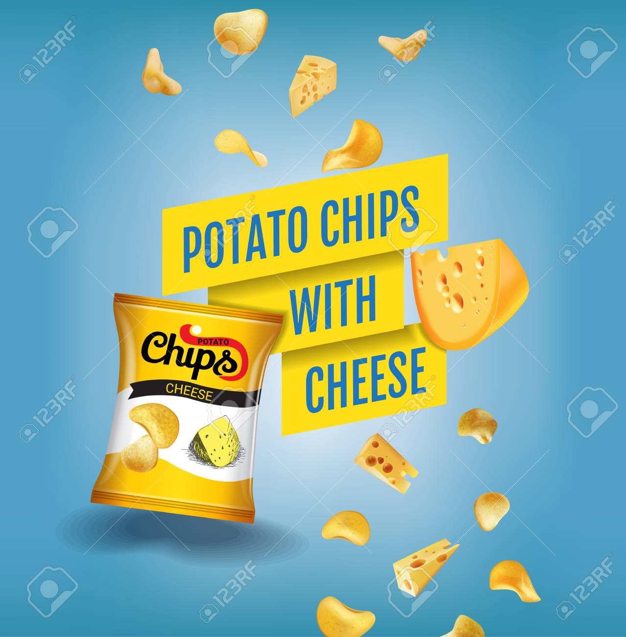 ポテトチップス広告 チーズとポテトチップスのベクトルのリアルなイラスト 製品ポスター のイラスト素材 ベクタ Image