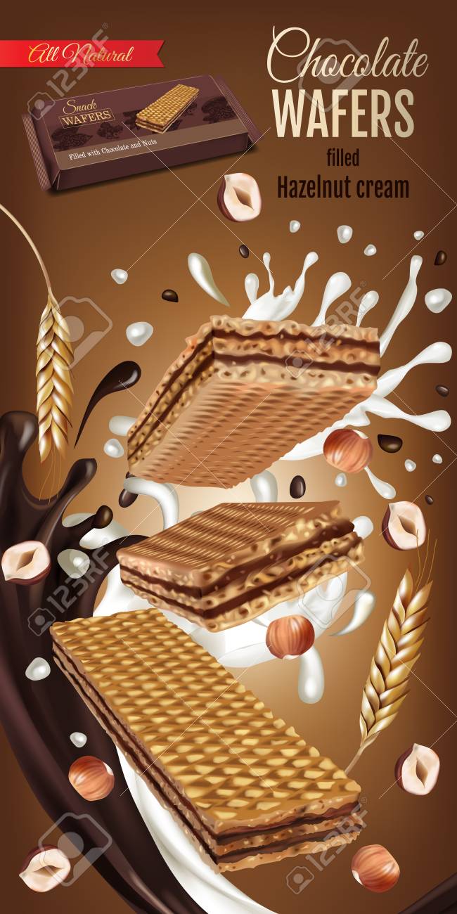 ミルクの現実的なベクトル イラスト ウエハース チョコレートとヘーゼル ナッツ クリーム食品としてラップ背景やお菓子と垂直の広告バナー のイラスト素材 ベクタ Image