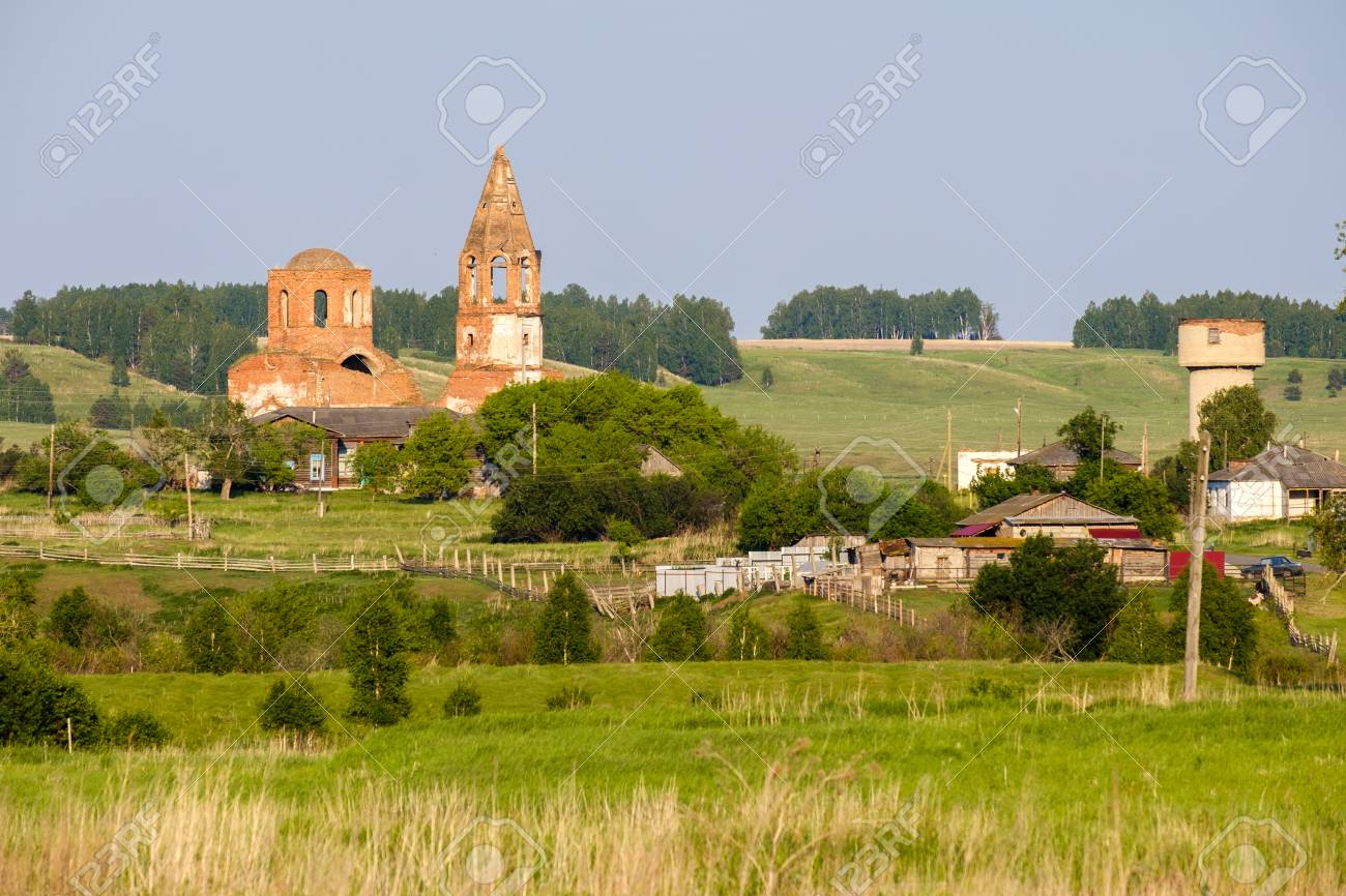 Summer Village Landscape With A Ruined Temple Of Red Brick The Old Village Stock Photo Picture And Royalty Free Image Image 109999247