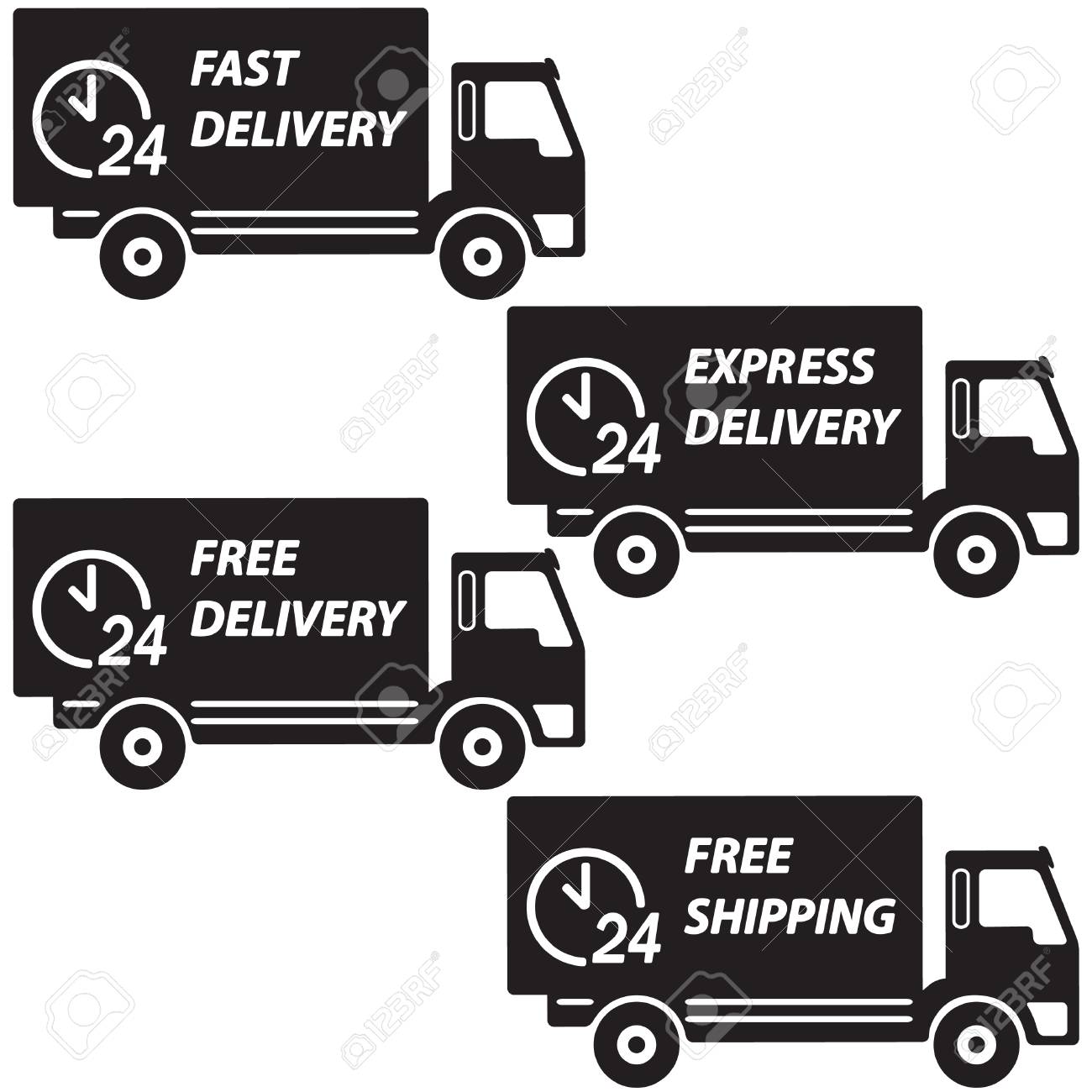 配送トラックを設定します ベクトルのアイコンまたは記号 高速配信 高速配信 無料配信 24 時間時計のシンボルと送料無料 白い背景に黒のシルエット のイラスト素材 ベクタ Image