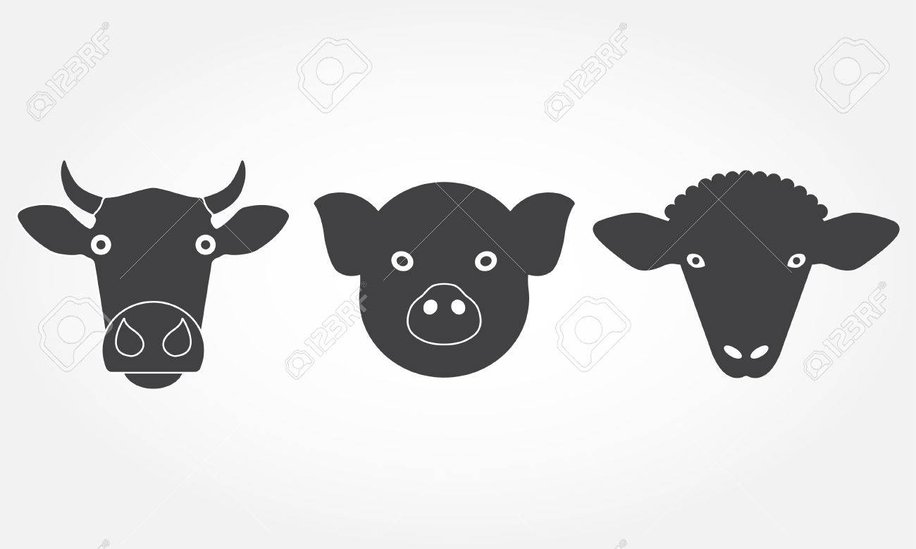 農場の動物を設定します 牛 豚 羊の頭や顔のアイコン 黒はシルエットを分離しました ベクトルの図 のイラスト素材 ベクタ Image