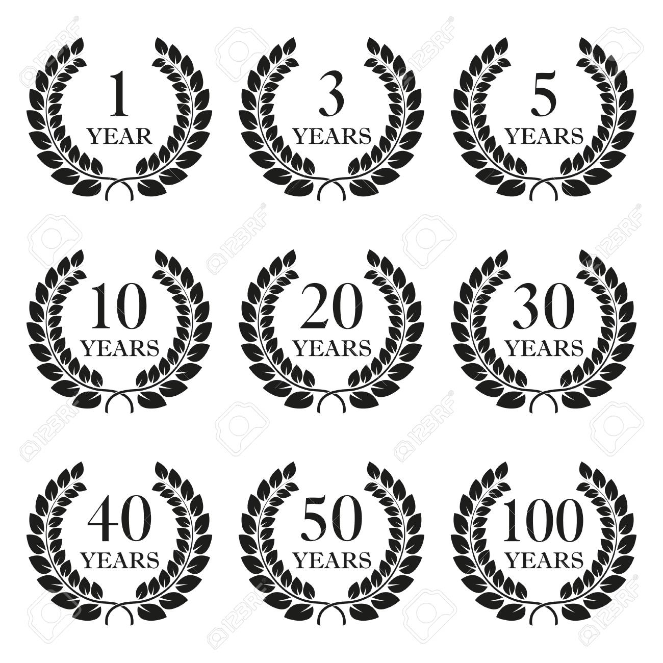 白い背景に隔離された記念日の月桂樹の花輪のアイコンセット 1 3 5 10 30 40 50 100年 賞とお祝い のデザインのためのテンプレート ベクトルイラスト のイラスト素材 ベクタ Image