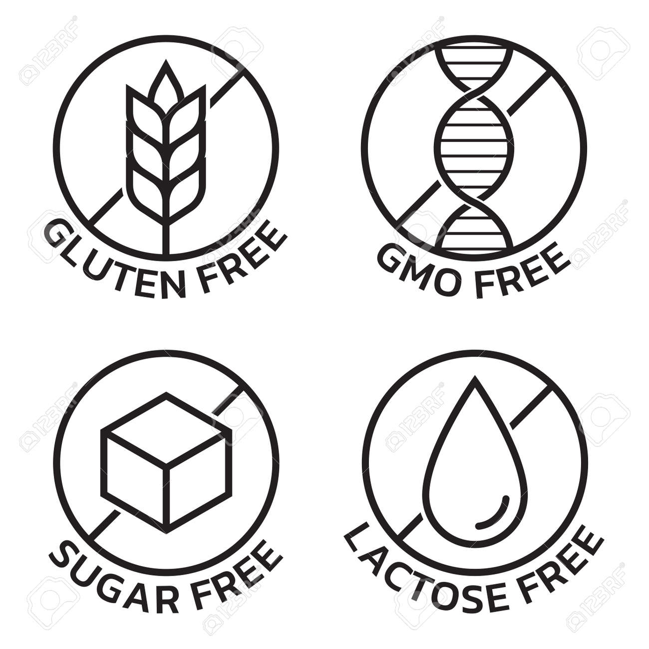 グルテンフリー、GMOフリー、シュガーフリー、ラクトースフリーのアイコンセット。製品の包装ラベル。ベクトルイラスト。のイラスト素材・ベクター  Image 184172541