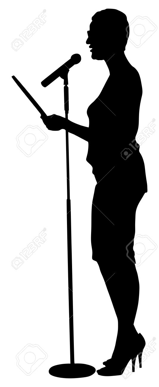 Show Host Woman Speaking On The Microphone Vector Silhouette Illustration.  Head Announces Present Event. Announcement Of The Program. Royalty Free  SVG, Cliparts, Vectors, and Stock Illustration. Image 60766777.