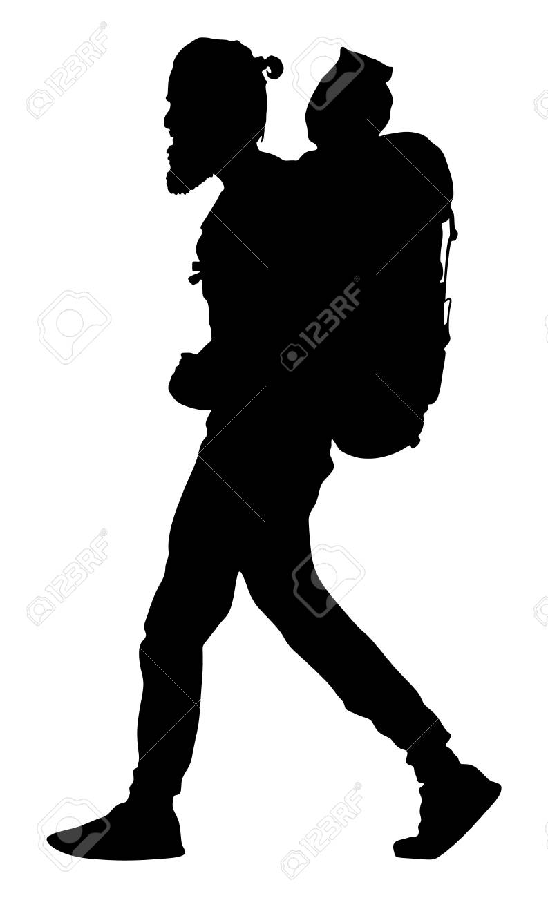 Turista con ilustración de silueta de vector de mochila aislado sobre fondo blanco. Pasajero inconformista masculino caminando. Camping hombre Turista con ilustración de silueta de vector de mochila aislado sobre fondo blanco. Pasajero inconformista masculino caminando. Camping hombre