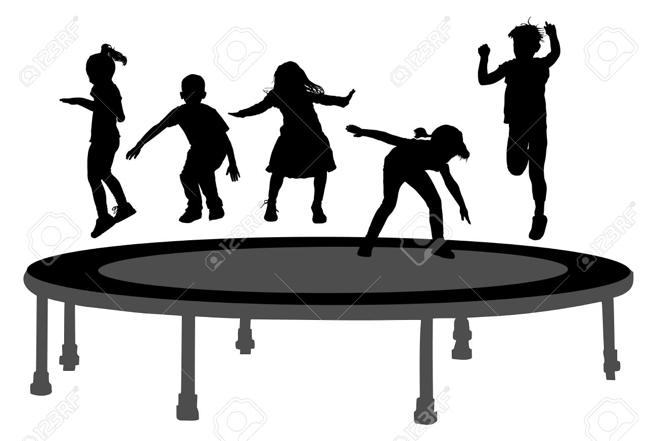 Children silhouettes jumping on garden trampoline vector illustration. Happy girls and boys jumping on trampoline. - 61491447 Children silhouettes jumping on garden trampoline vector illustration. Happy girls and boys jumping on trampoline. - 61491447