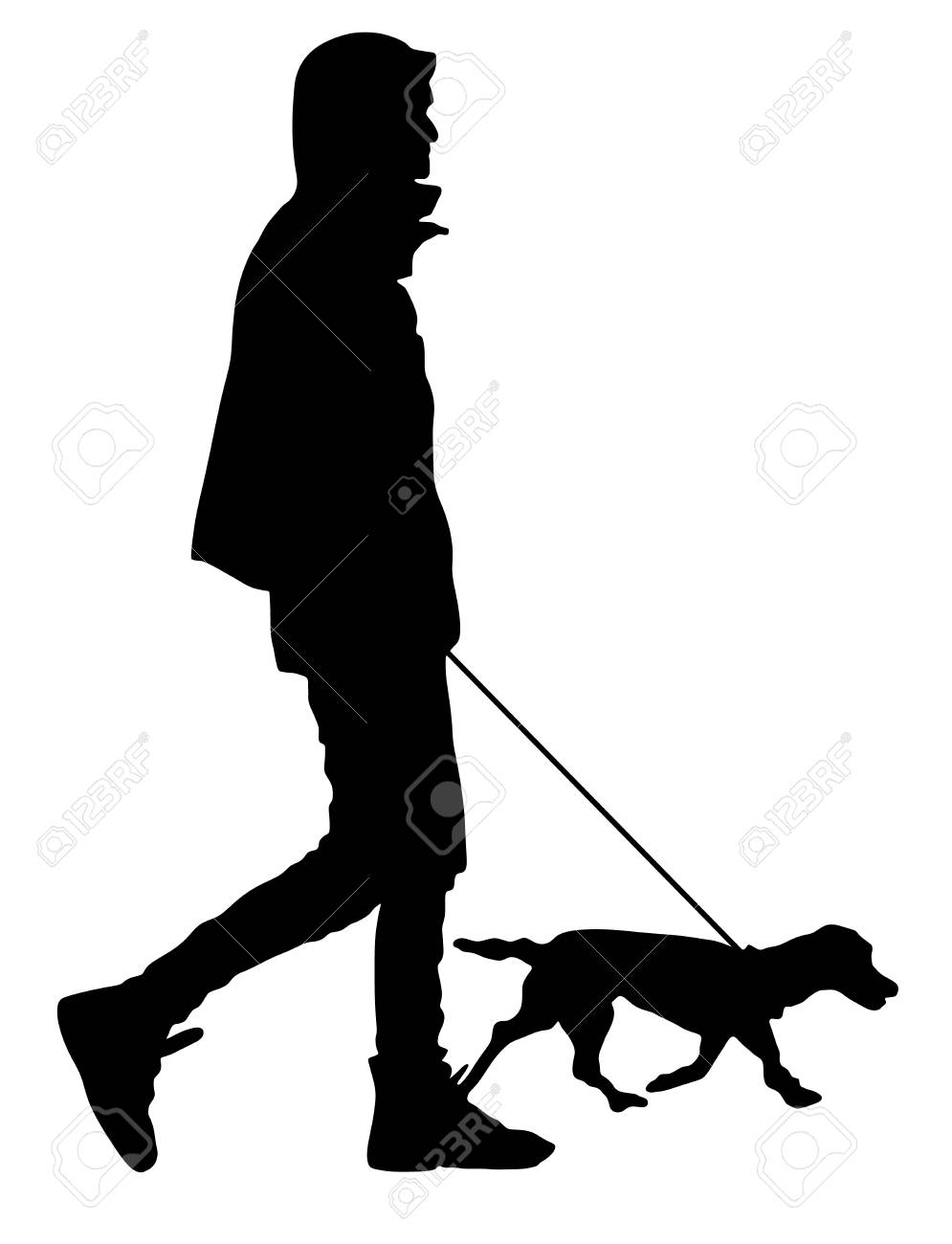 若い都会の人間は 白い背景で隔離犬ベクトル シルエット イラストを歩きます のイラスト素材 ベクタ Image