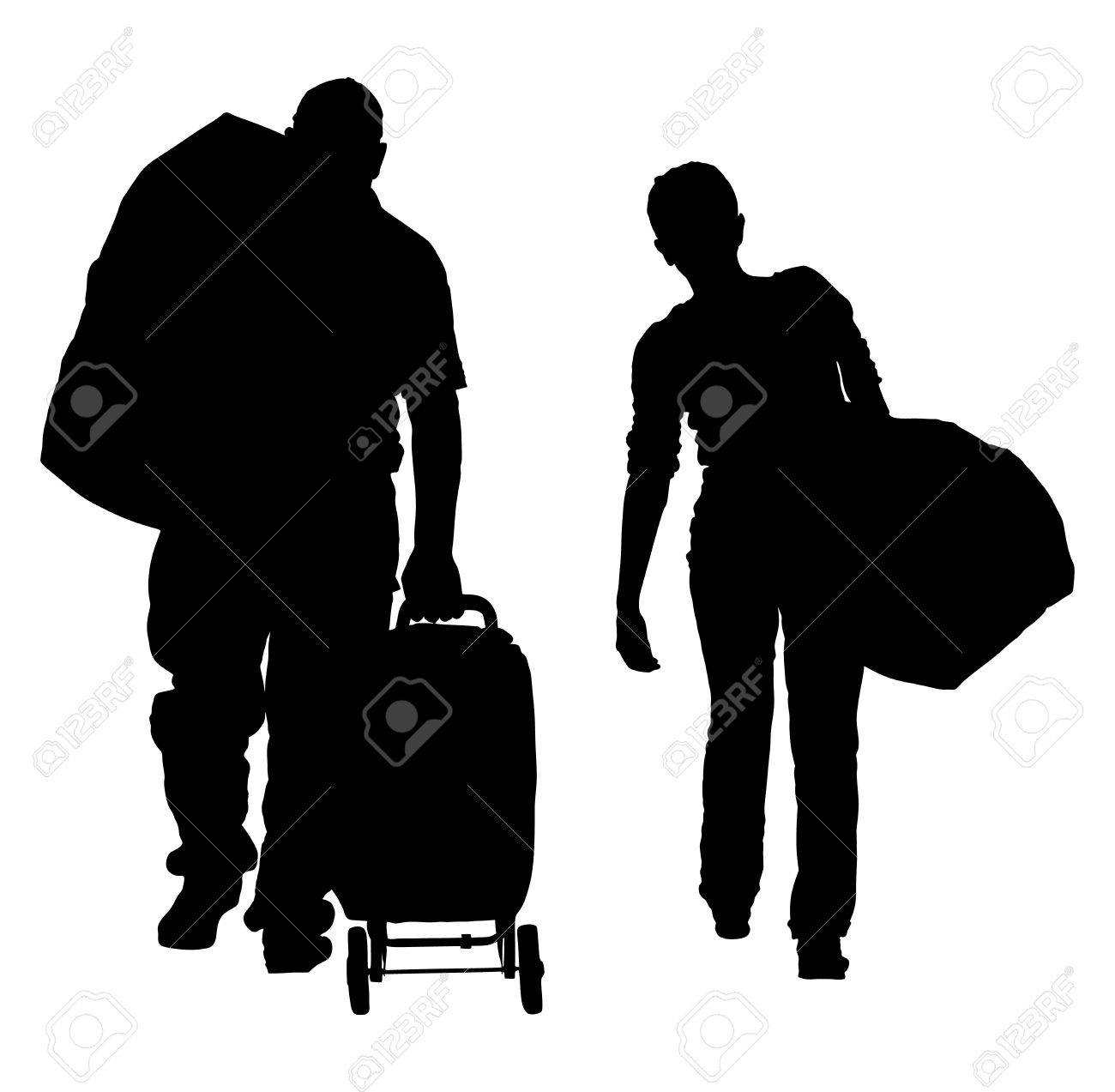 空港のベクトル図で歩いて荷物を持つ家族のシルエットです 空港のバゲージ クレームで荷物コンベヤー ベルトのスーツケース 新婚旅行にちょうど結婚して移動します のイラスト素材 ベクタ Image