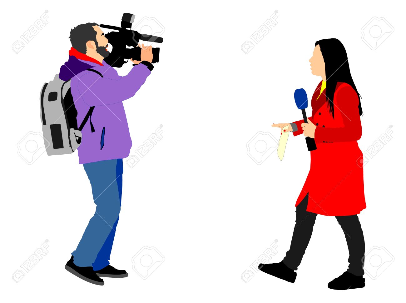 Journalist News Reporter Interview With Camera Crew Vector Illustration Isolated On White Background Stock Journalist News Reporter Interview With Camera Crew Vector Illustration Isolated On White Background Stock