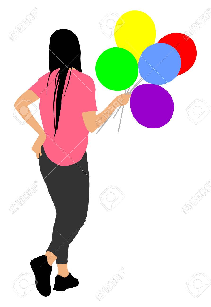 風船ベクトル シルエット イラストと歩いている少女 のイラスト素材 ベクタ Image