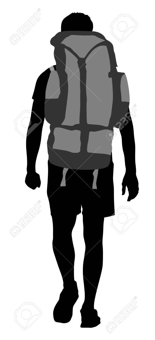 Turista con ilustración de silueta de vector de mochila aislado sobre fondo blanco. Estudiante masculino inconformista, pasajero caminando. Camping Turista con ilustración de silueta de vector de mochila aislado sobre fondo blanco. Estudiante masculino inconformista, pasajero caminando. Camping
