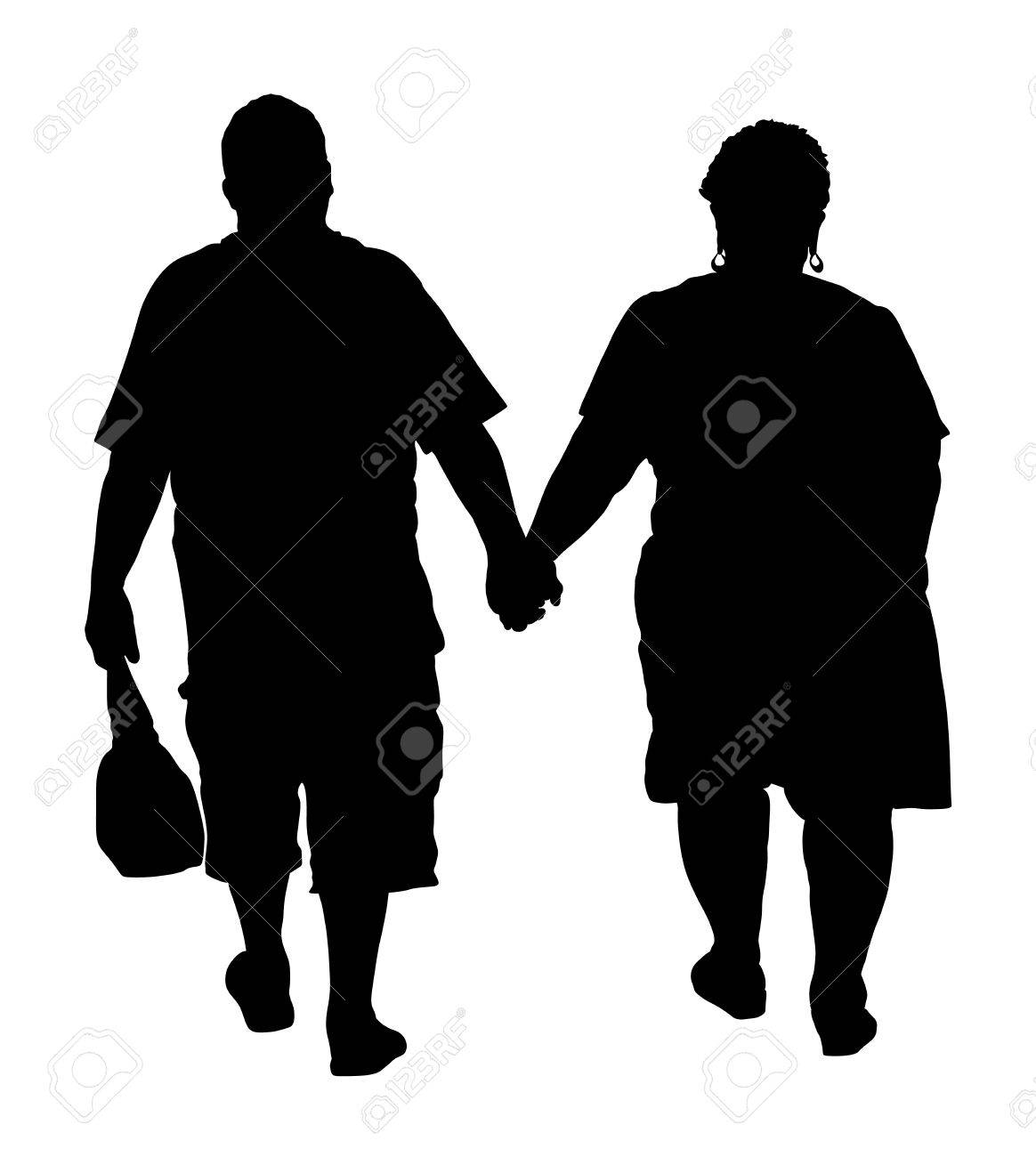 幸せなカップルは 白い背景で隔離のベクトル シルエット図を歩いて手を繋いでいます ベクター シルエット イラストを歩く脂肪のカップル のイラスト素材 ベクタ Image
