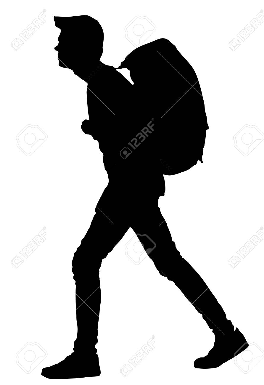 Turista con ilustración de silueta de vector de mochila aislado sobre fondo blanco. Estudiante masculino inconformista, pasajero caminando. Camping Turista con ilustración de silueta de vector de mochila aislado sobre fondo blanco. Estudiante masculino inconformista, pasajero caminando. Camping